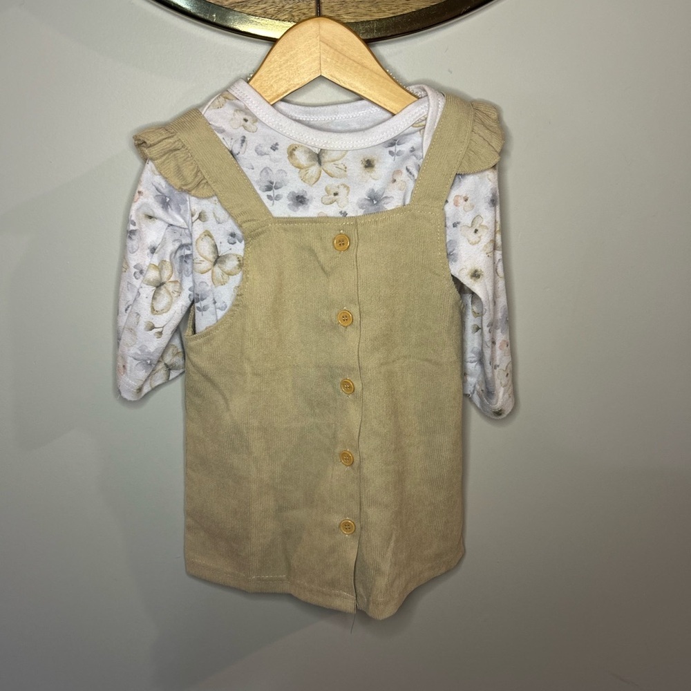 Tan Button-Down Pinafore Dress with Floral Onsie